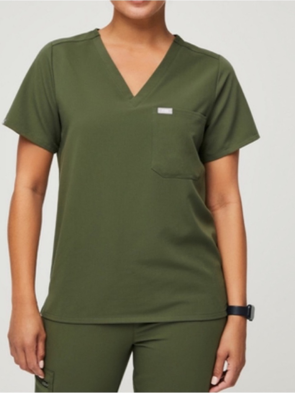 FIGS Catarina Scrub Top One Pocket Dark Olive Green Limited Edition Logo Medical